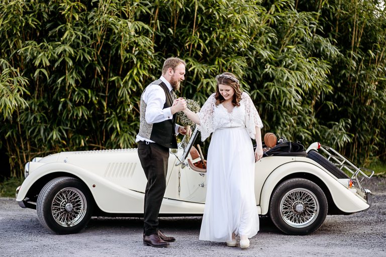 couple ariving at Bowland Tipis Wedding